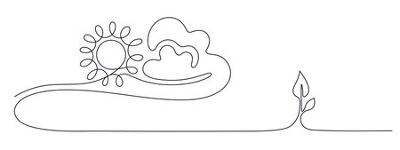 Sun, cloud sign. Single continuous line of sprout. Plant leaves. Seed grow. Eco farm concept Vector illustration. Clean energy. Editable strokeのイラスト素材