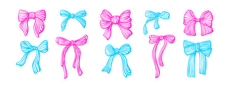 Rose, blue bow collection. Vector art ribbons, silk bows for gift box decoration, present knots and wrap pack isolated on white background. Bowknot for celebration design, festive presentのイラスト素材