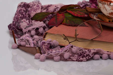 pink book left on scarf with glassed and autumn leavesの写真素材