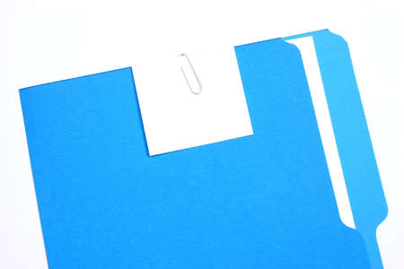 A blue folder on a white background with an empty tag.の写真素材
