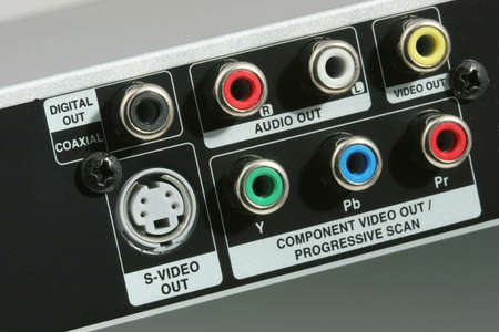 Back of a DVD player with connections for cables, closeup viewの写真素材