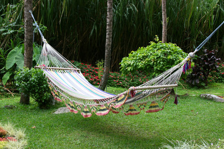 Hammock in a garden, empty, colorful scene, horizontal format.の写真素材