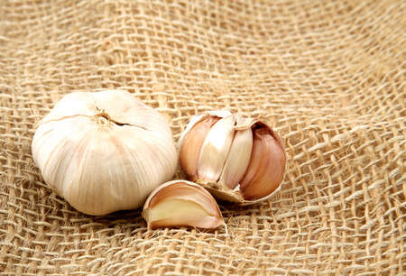 Garlics over a rustic fiber made of brown threads.の写真素材