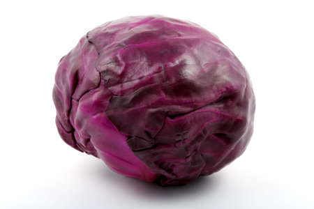 Purple cabbage, whole, over a white background.の写真素材