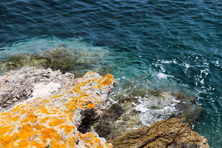 rocks with moss and lichen on the seashore blueの写真素材
