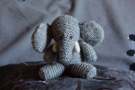 Photo of a small gray elephant cloth, placed on a pillowの写真素材