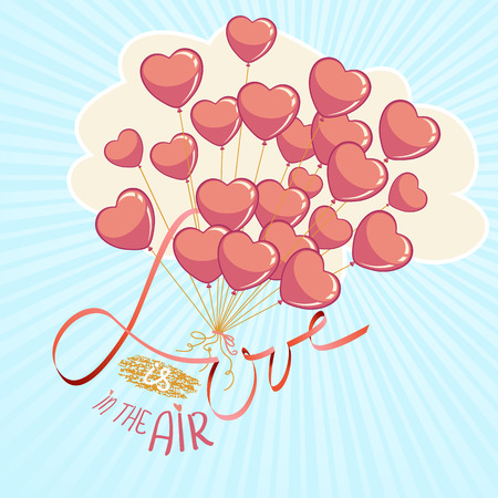 Valentines Day or Wedding vector illustration card Design Template. Love is in the air phrase with heart balloons.のイラスト素材