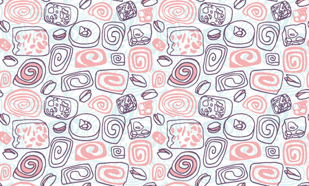 Seamless illustration pattern with hand drawn turkish delights set and pistachios on turquoise background. Wrapping paper, scrapbooking, gift wrap, cards and other designs.のイラスト素材