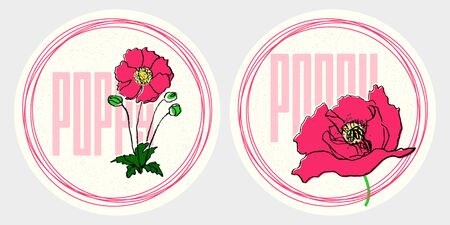 red poppy vintage round stickers set on textured backgroundのイラスト素材