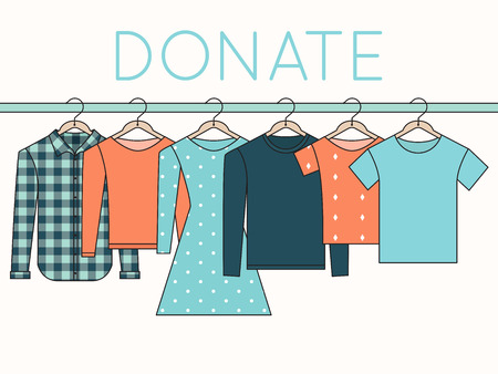Shirts, Sweatshirts and Dress on Hangers. Donate Clothes Outline Illustrationのイラスト素材