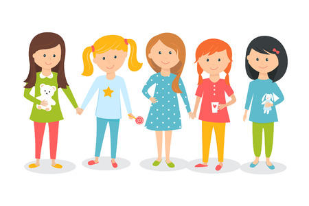 Girls Wearing Pajamas. Kids Sleepover or Slumber Party. Cartoon Style Vector Illustrationのイラスト素材