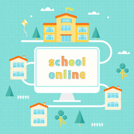 Computer, School Building and Houses. Online Learning Vector Illustrationのイラスト素材