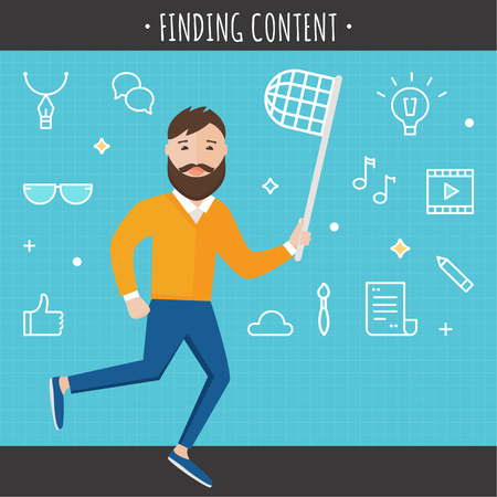 Man with Butterfly Net Surrounded by Internet Icons. Content Finding Concept Vector Illustration.のイラスト素材