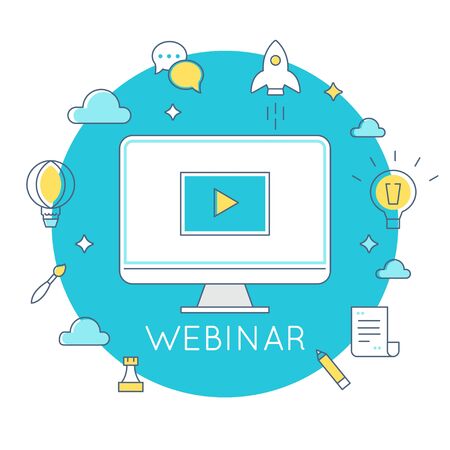 Computer Surrounded by Outline Social Icons. Webinar, Webcast, Livestream, Online Event Vector Illustrationのイラスト素材