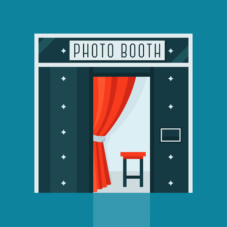 Vintage Photo Booth Machine with Red Curtain and Chair