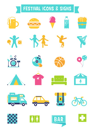 Festival, Concert and Camping Flat Icons and Signs Setのイラスト素材