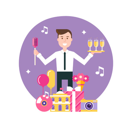 Event Manager Surrounded by Event and Party Objects. Event Management and Event Agency Illustrationのイラスト素材