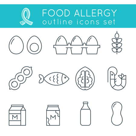 Food Allergy Triggers Flat Outline Icons Setのイラスト素材