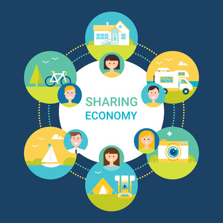 Sharing Economy Illustration. People and Objects Icons. Flat Styleのイラスト素材