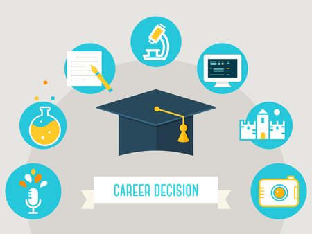 Graduation Cap Surrounded by Education Icons and Career Decision Sign. Choosing a course, occupation, job or profession illustrationのイラスト素材