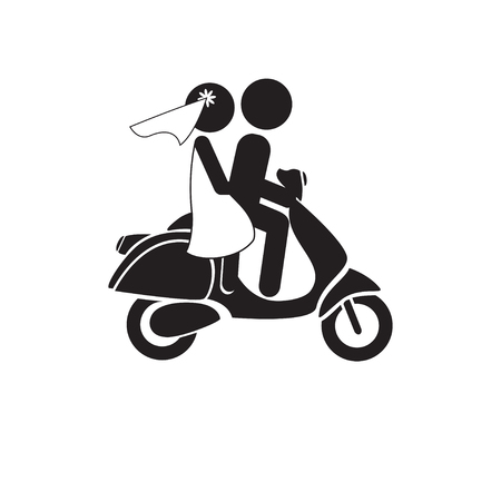 Bride and Groom on Scooter. Just Married Couple Vector Iconのイラスト素材