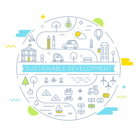 Sustainable Development and Sustainable Living Implementation Concept Line Art  Flat Illustrationのイラスト素材
