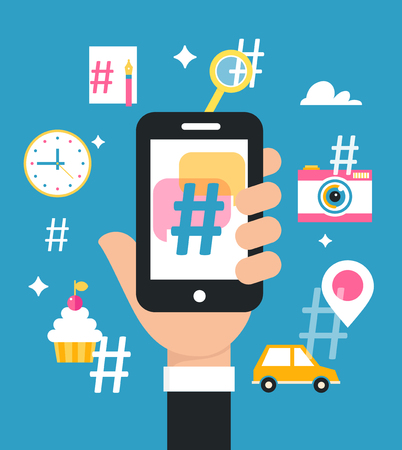 Holding Smart Phone with Hashtag Sign. Social Media Marketing Strategy Conceptのイラスト素材
