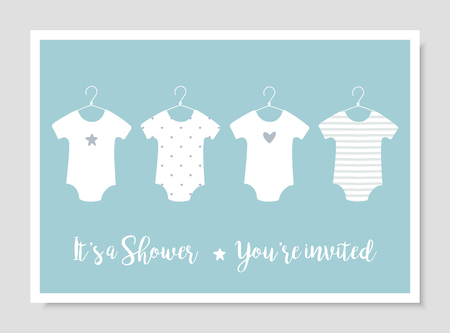 Baby Body Suits Clothes on Hangers. Pastel Baby Announcements and Shower Invitation Cardsのイラスト素材
