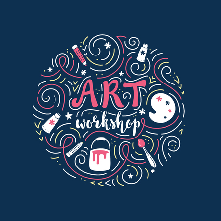 Art Workshop or Tutorial Lettering and Doodles Style Illustrationのイラスト素材