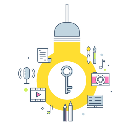 Intellectual Property Concept Illustration. Light Bulb, Key and Creative Work Products Icons. Vector Outline Designのイラスト素材