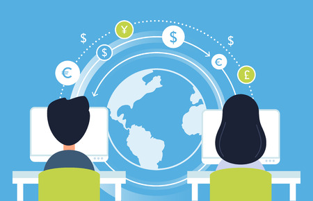 Internet Payment, Working Online and Currency Flow Analytics Concept Illustration. Vector Designのイラスト素材