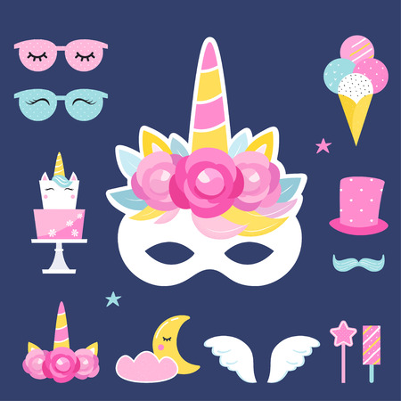 Unicorn Birthday or Slumber Party Photo Props and Decorations. Vector Designのイラスト素材
