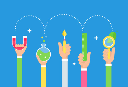 Steam Education Approach. Arts and Science. Students Holding Tools in Hands. Vector Design.のイラスト素材