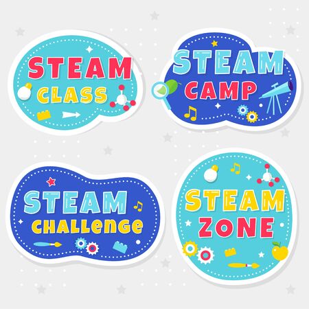 Steam Class, Camp and Zone Colorful Stickers or Banners for Kids Playrooms and School Spaces. Vector Illustrationのイラスト素材