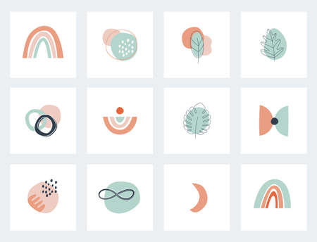 Social Network Highlights Cover. Abstract Boho Earthy Terracotta and Mint Shapes and Elements. Vector Designのイラスト素材