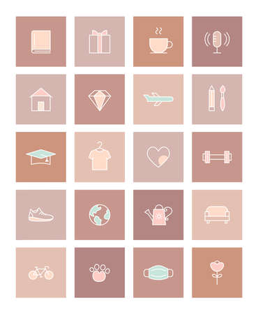 Activities and Lifestyle Icons Social Media Story Highlights Covers. Pastel and Terracotta Flat Vector Designのイラスト素材
