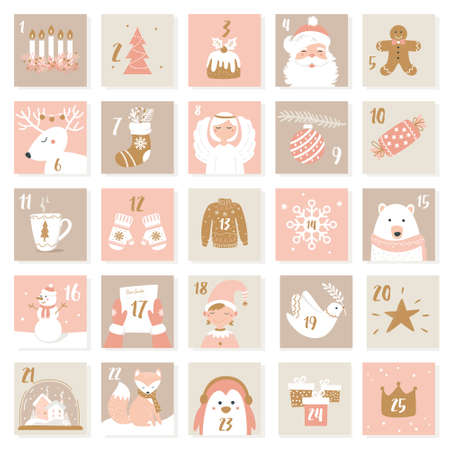 Christmas and New Year Celebration Symbols. Advent Calendar or Cards Set. Neutral and Pink Colours. Vector Setのイラスト素材
