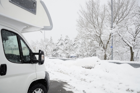 camper with snowy background .の写真素材