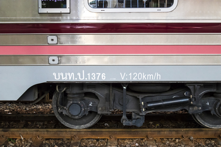 Samsen - Thailand - July 02, 2017: Thai Railways regional train on Track One at the Samsen Railway Stationのeditorial素材