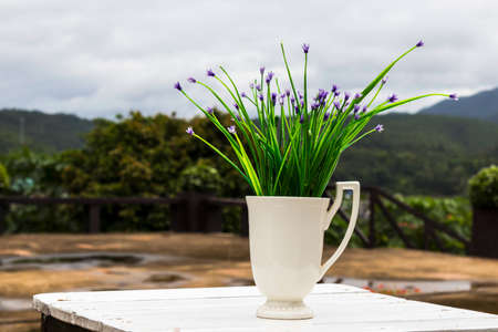 Beautiful violet flowers in vaseの写真素材