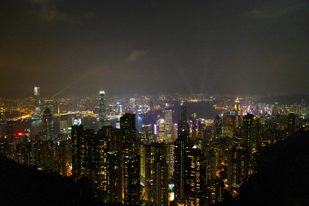 Causeway Bay, Hong Kong - 23 November 2018: Hong Kong skyline at night view from Victoria peak.のeditorial素材