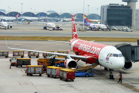 HONG KONG, CHINA - NOVEMBER 25 2018: airasia plane in Hong Kong International Airport.のeditorial素材