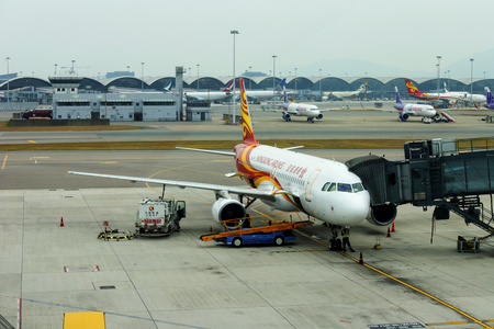 HONG KONG, CHINA - NOVEMBER 25 2018: Hongkong airlines plane in Hong Kong International Airport.のeditorial素材