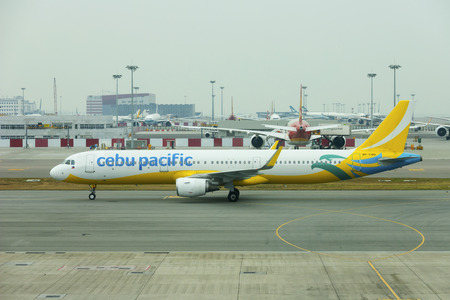 HONG KONG, CHINA - NOVEMBER 25 2018: Cebu Pacific plane in Hong Kong International Airport.のeditorial素材