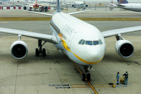 HONG KONG, CHINA - NOVEMBER 25 2018: Jet airways plane in Hong Kong International Airport.のeditorial素材