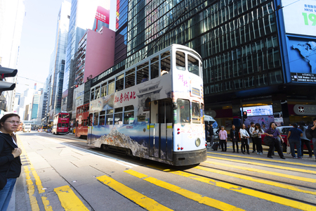 Causeway Bay, Hong Kong - 23 November 2018: Double-decker tram Trams are also a major tourist attraction and one of the best eco-friendly travel destinations in Hong Kong.のeditorial素材