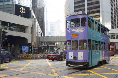 Causeway Bay, Hong Kong - 23 November 2018: Double-decker tram Trams are also a major tourist attraction and one of the best eco-friendly travel destinations in Hong Kong.のeditorial素材