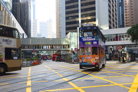 Causeway Bay, Hong Kong - 23 November 2018: Double-decker tram Trams are also a major tourist attraction and one of the best eco-friendly travel destinations in Hong Kong.のeditorial素材