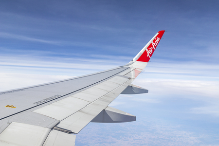 Bangkok, Thailand - JUNE 23, 2019 : Airbus 320 airasia, Thailand low-cost airline. View from the plane window by. airasia airlineのeditorial素材