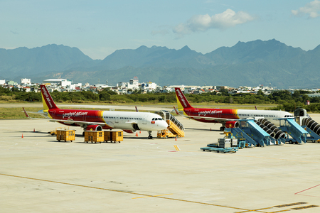 DANANG , VIETNAM - JUNE 26, 2019: The air plane VietJet Air company stands at the DANANG International Airport.のeditorial素材